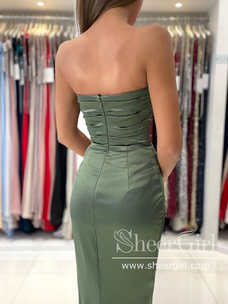 Dusty Sage Strapless Trumpet Prom Dress Thigh Slit Mermaid Prom Gown ARD2867-SheerGirl