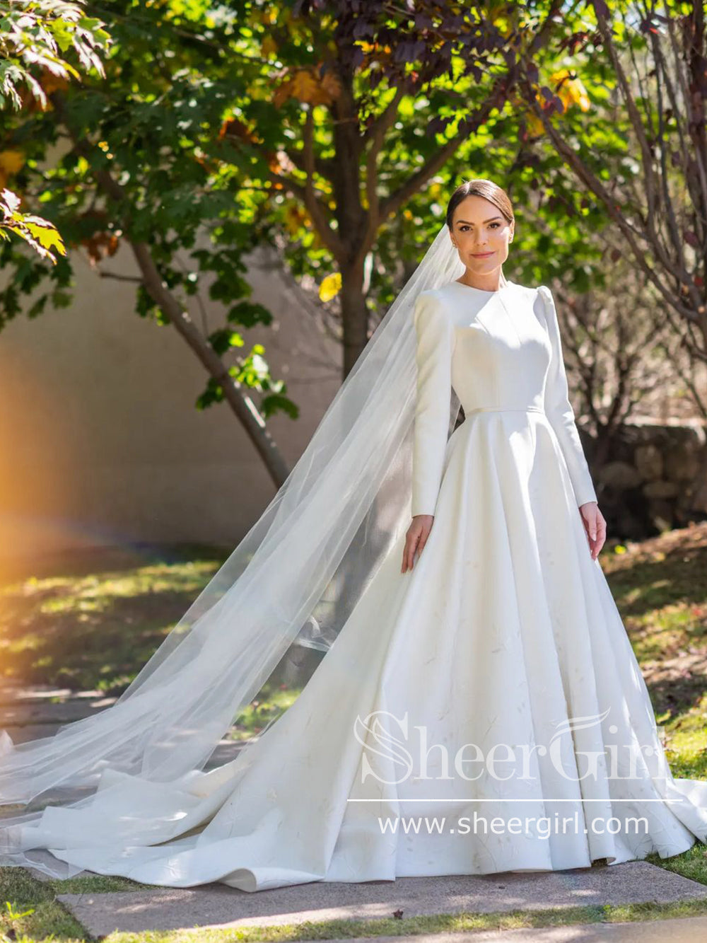 Embroidery A Line Ivory Satin Modest Long Sleeves Simple Wedding Dresses AWD1927 Embroidery A Line Ivory Satin Modest Long Sleeves Simple Wedding Dresses AWD1927