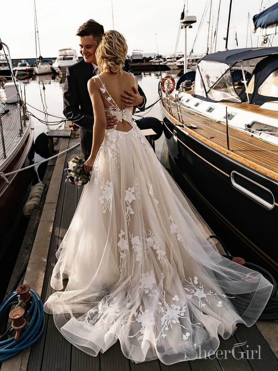 Floral Applique Beach Wedding Dresses Backless Boho Wedding