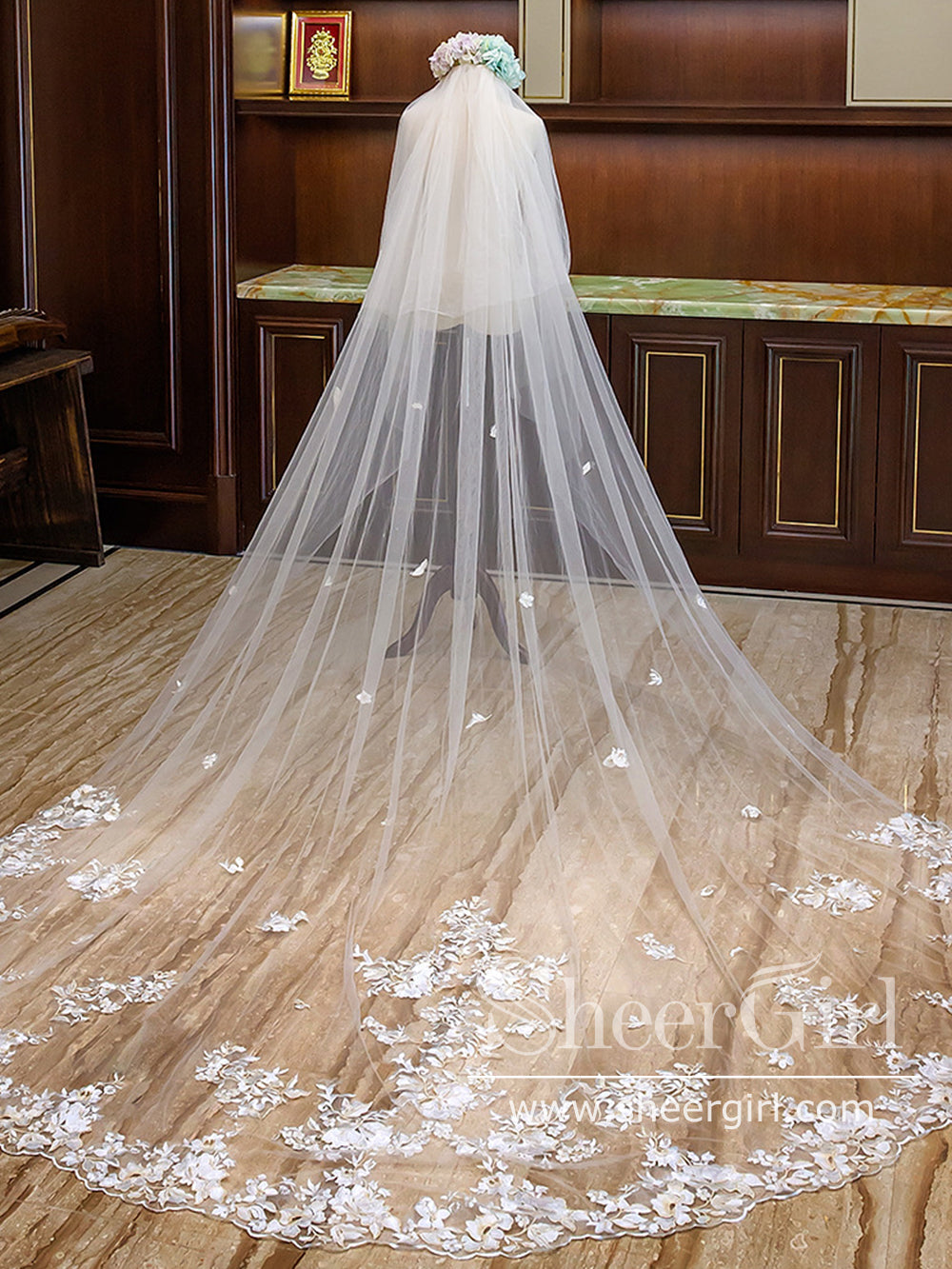 Ombre Champagne Floral Lace Ivory Cathedral Veil with Blusher Bridal V –  SheerGirl