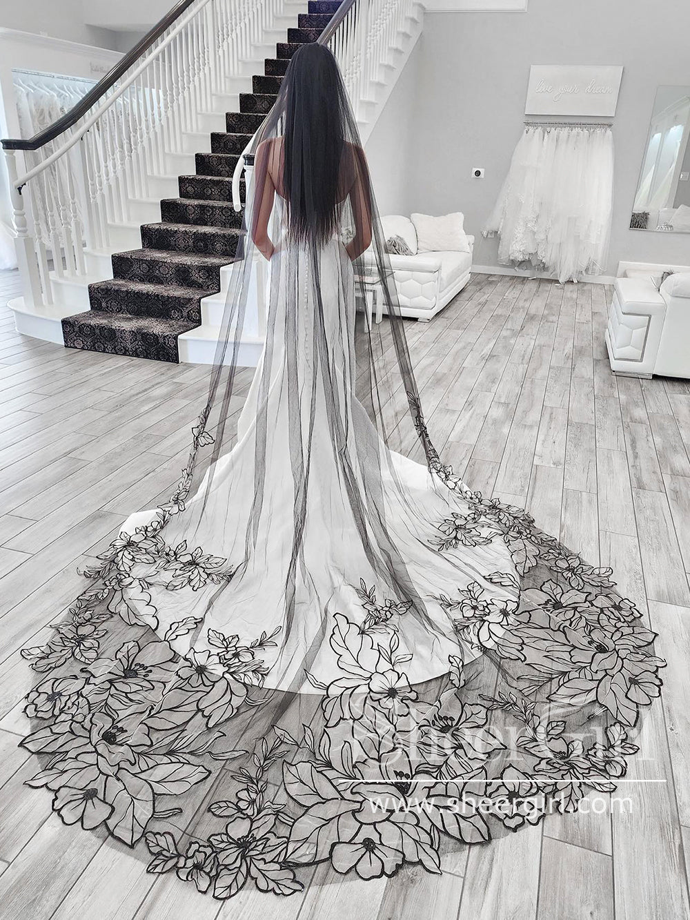 Floral Lace Edged Cathedral Veil Black Bridal Veil Wedding Veil ACC1181 Floral Lace Edged Cathedral Veil Black Bridal Veil Wedding Veil ACC1181