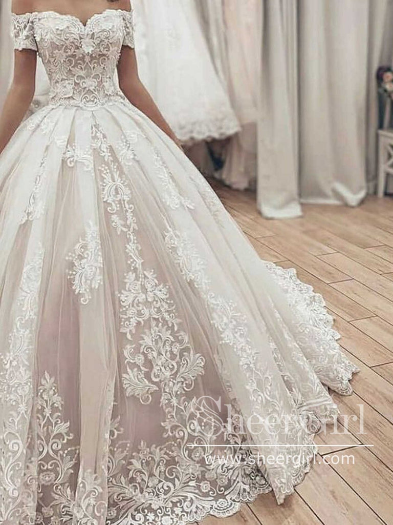 Floral Lace Princess A-line Wedding Dress with Sleeves Ball Gown Bridal Dress AWD1788-SheerGirl