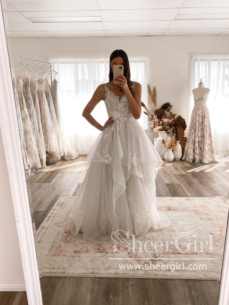 Floral Lace Princess Tiered A-Line Wedding Gown with Cascading Layers Chapel Train AWD1816B-SheerGirl