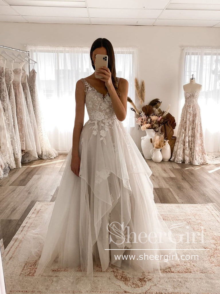 Floral Lace Princess Tiered A-Line Wedding Gown with Cascading Layers Chapel Train AWD1816B-SheerGirl