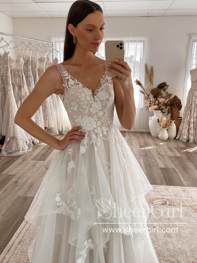 Floral Lace Princess Tiered A-Line Wedding Gown with Cascading Layers Chapel Train AWD1816B-SheerGirl
