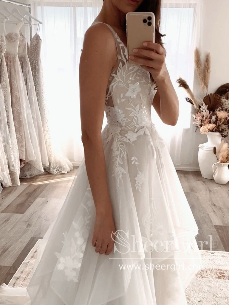 Floral Lace Princess Tiered A-Line Wedding Gown with Cascading Layers Chapel Train AWD1816B-SheerGirl