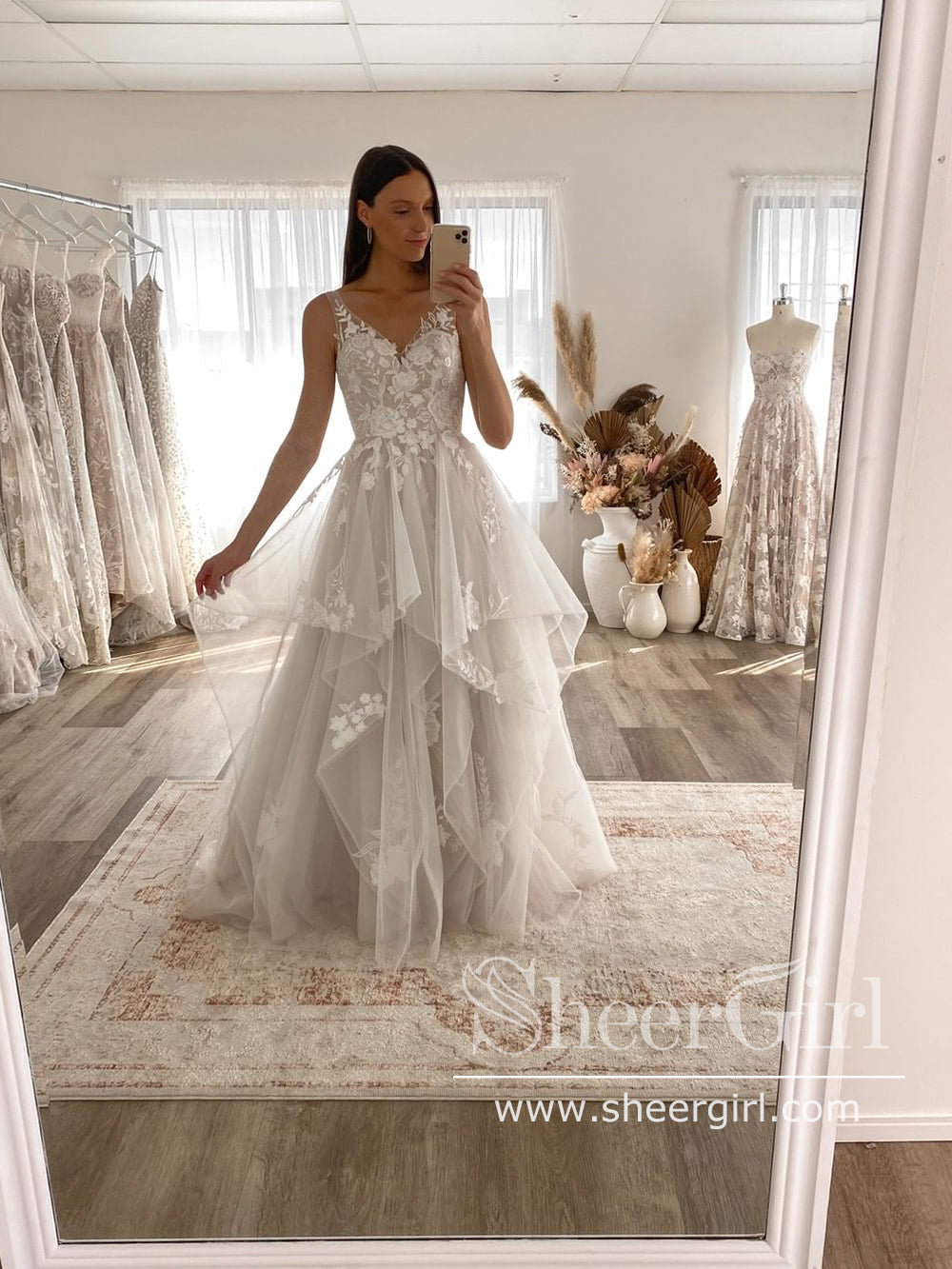 Floral Lace Princess Tiered A-Line Wedding Gown with Cascading Layers Chapel Train AWD1816B Floral Lace Princess Tiered A-Line Wedding Gown with Cascading Layers Chapel Train AWD1816B
