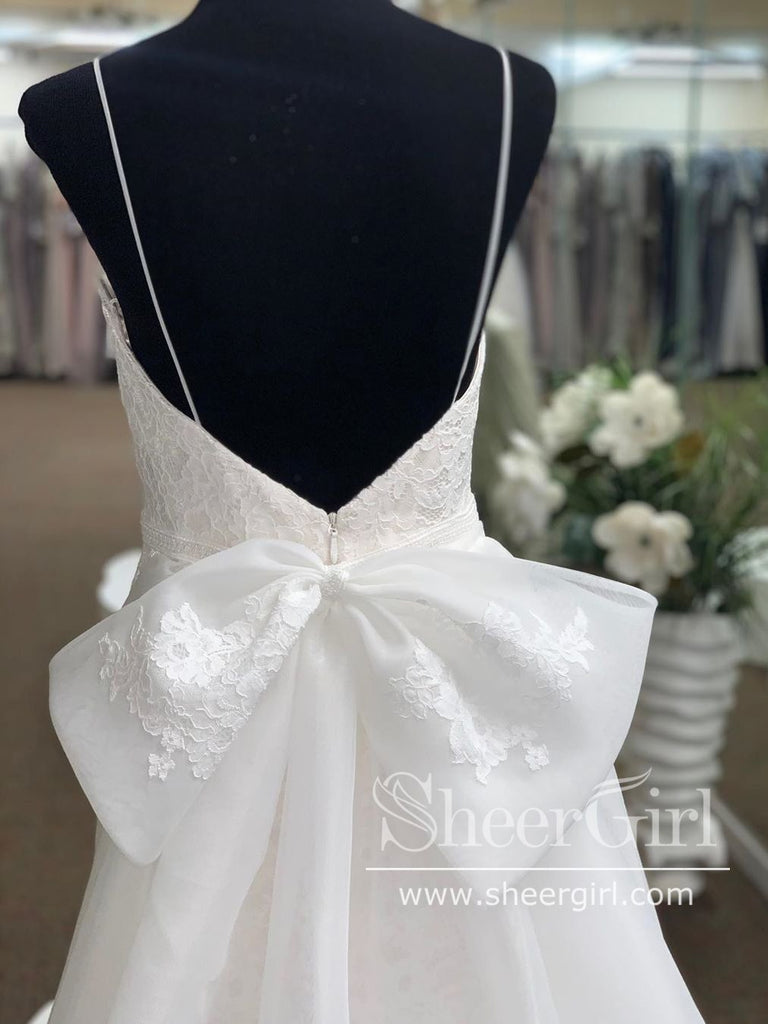 Floral Lace Sheath Wedding Gown with Detachable Bow Tie Train Wedding Dress AWD1725-SheerGirl