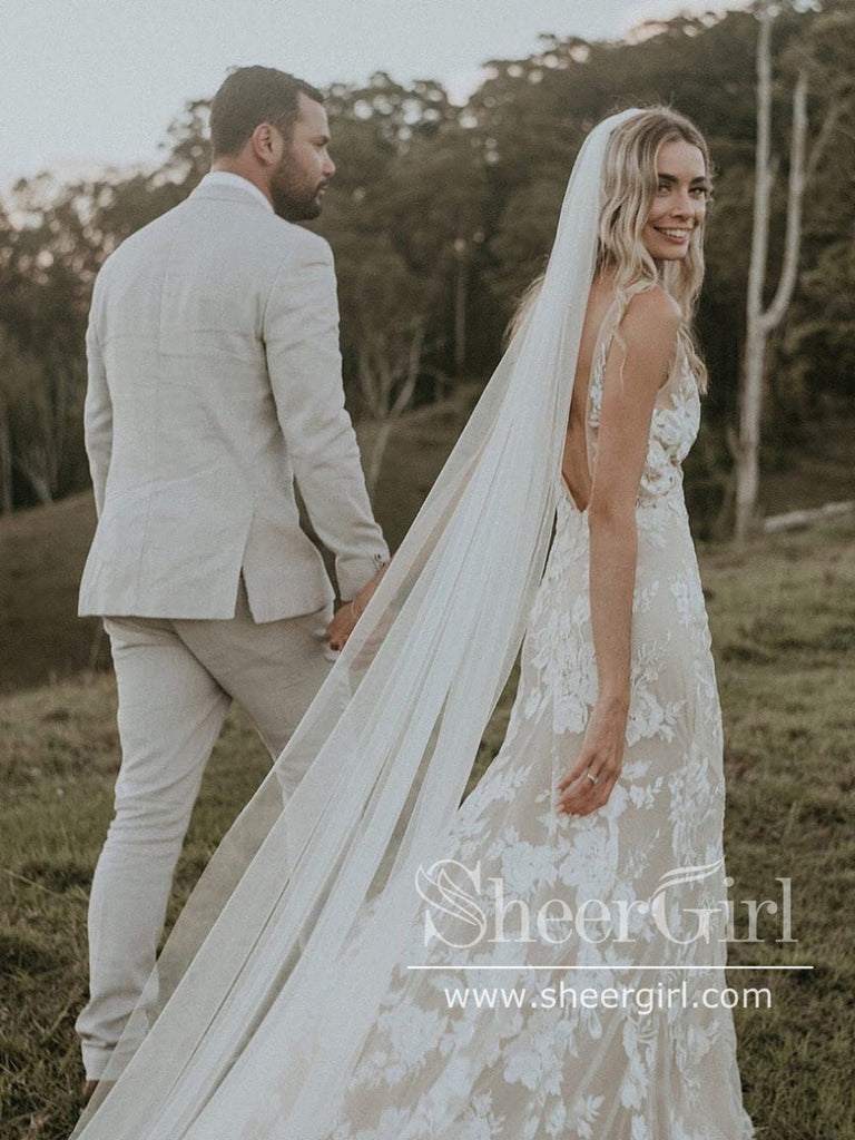 Floral Lace V Neck Sheath Boho Wedding Dress Mermaid Wedding Gown AWD1920-SheerGirl