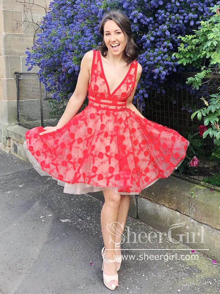 Floral Lace V Neck Short Prom Dress Cute Homecoming Dress ARD2746
