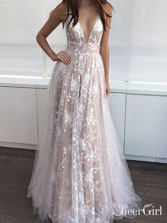 strapless open back dress Floral Tulle Lace Nude Long Prom Dresses Sexy V Neck Prom Dress ARD1946