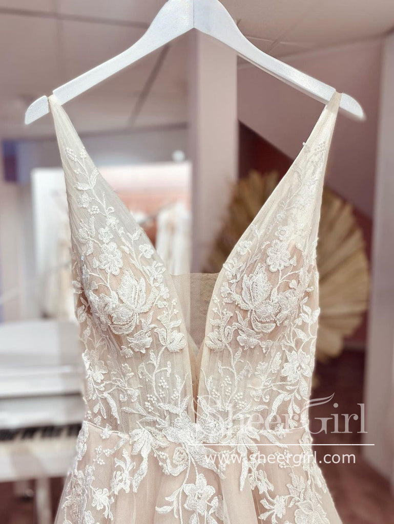 Floral Vintage Lace Bridal Gown V Neck Wedding Dress AWD1868-SheerGirl