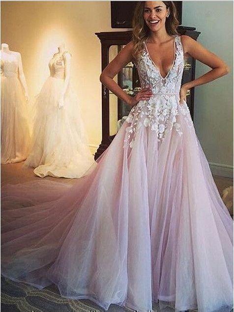 Flower Appliqued Light Pink Wedding Dresses with Chapel Train apd1781 –  SheerGirl