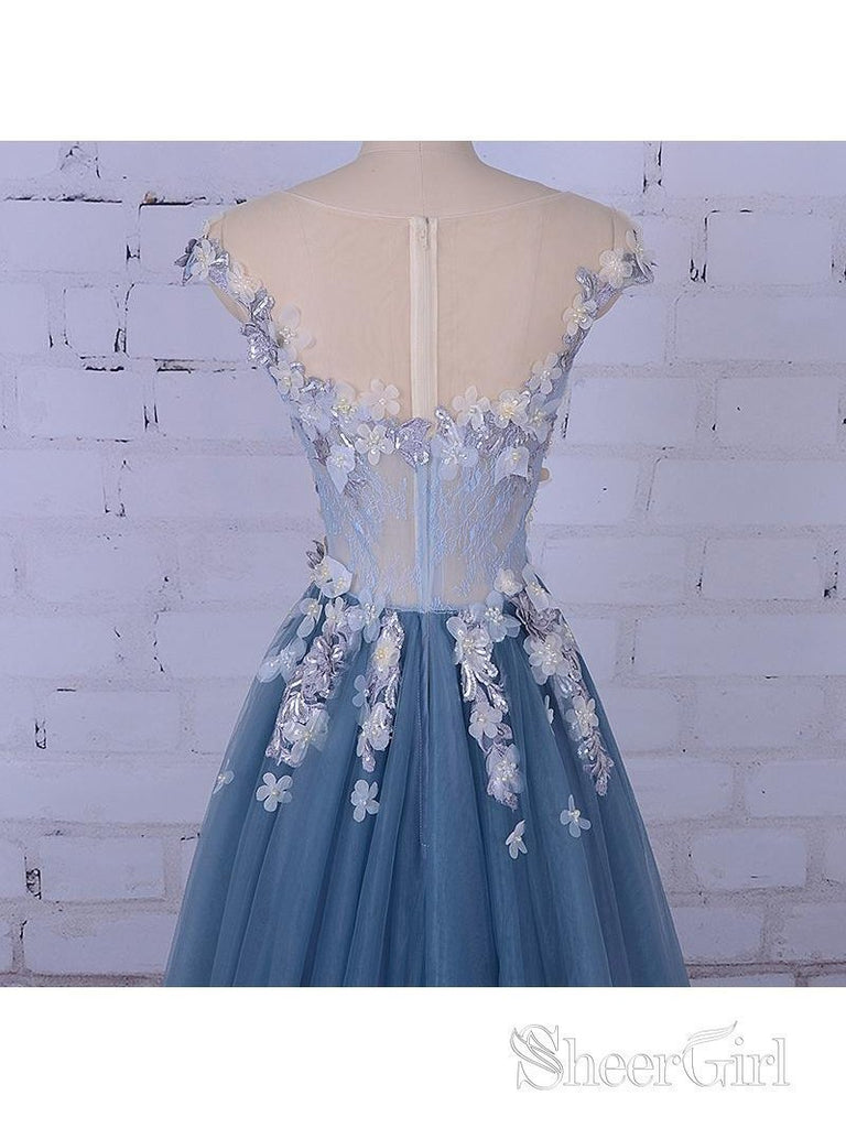 Flower Appliuqed Beaded Dusty Blue Prom Dresses Illusion Tulle Formal Dresses ARD1001-SheerGirl
