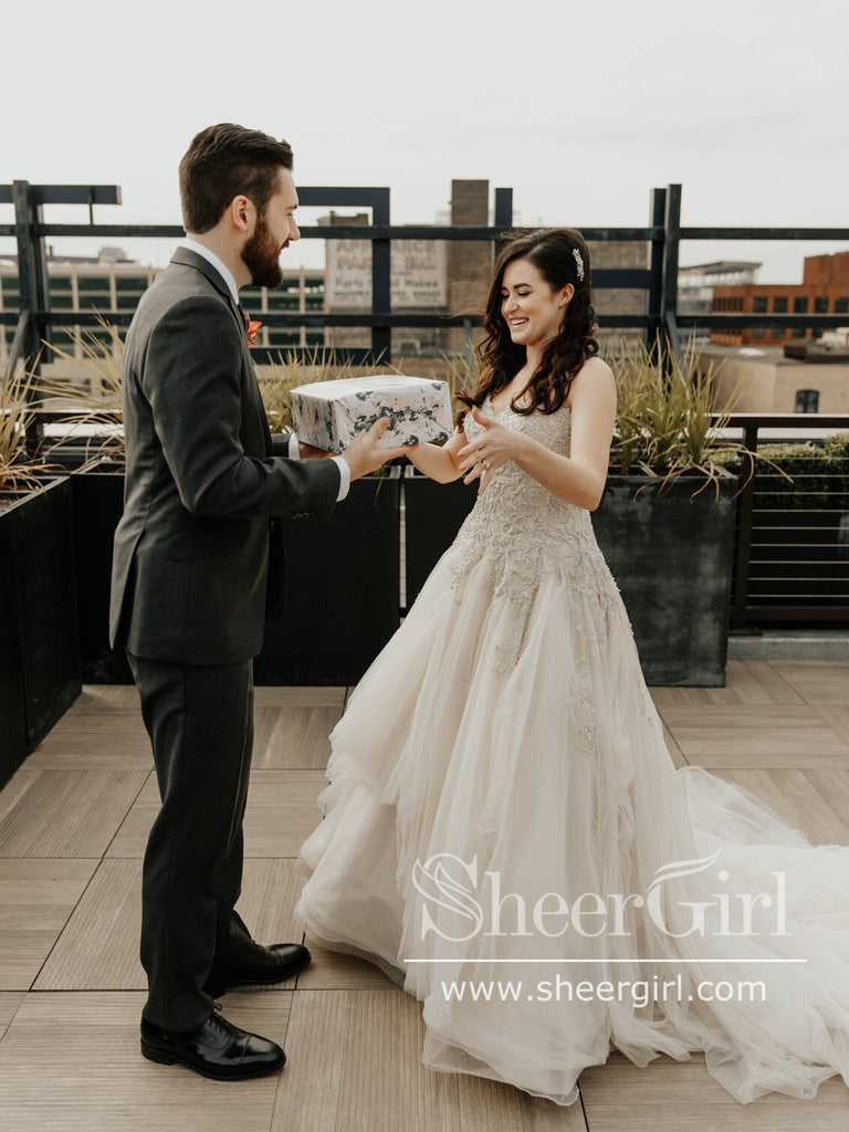 Flowy Boho Tulle Bridal Gown with Floral Lace Rhinestone Details Sweep Train Wedding Dress AWD1794-SheerGirl