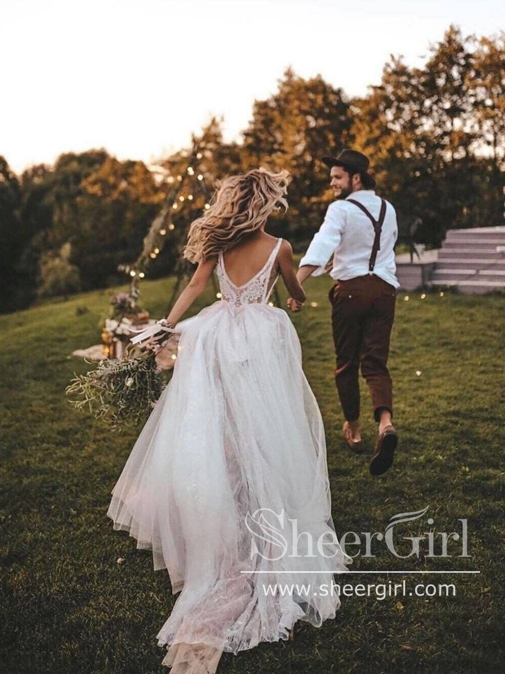 Flowy Boho Tulle Bridal Gown with Vine Lace Feather Details Sweep Train Wedding Dress AWD1771 Flowy Boho Tulle Bridal Gown with Vine Lace Feather Details Sweep Train Wedding Dress AWD1771
