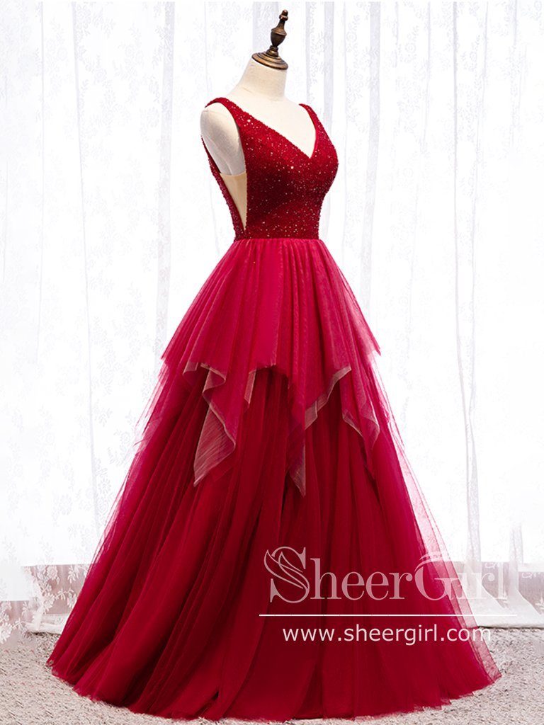 Full Crystals Bodices Tulle Layers Skirt Ball Gown V Neckline and Lace up Back Prom Dress ARD2594-SheerGirl
