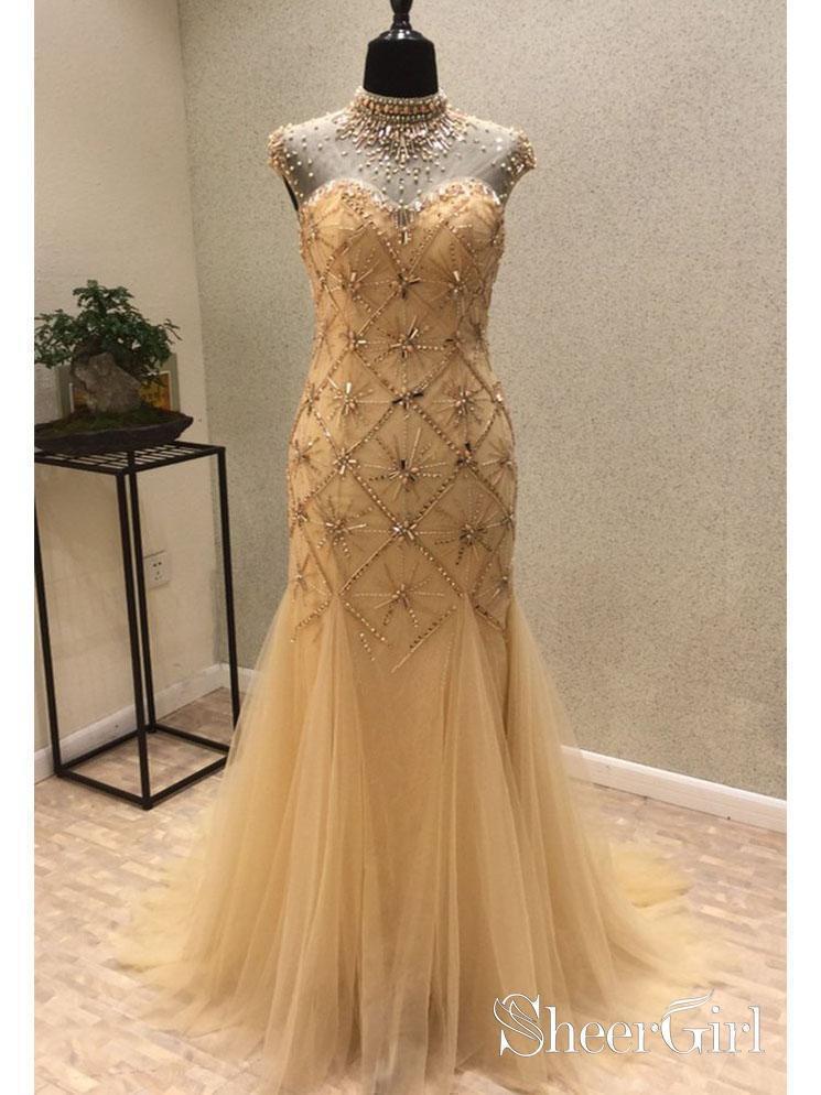 Gold Beaded 20's Gatsby Themed Party Dresses Open Back Vintage Mermaid Prom Dresses ARD1027-SheerGirl