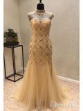 Gold Beaded 20's Gatsby Themed Party Dresses Open Back Vintage Mermaid Prom Dresses ARD1027-SheerGirl