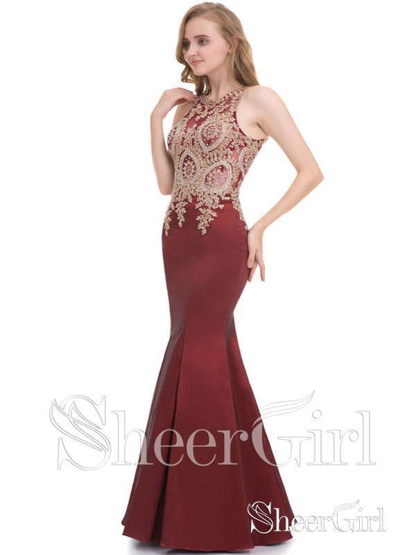 Gold Lace Applique Burgundy Satin Mermaid Prom Dresses APD3116 Gold Lace Applique Burgundy Satin Mermaid Prom Dresses APD3116