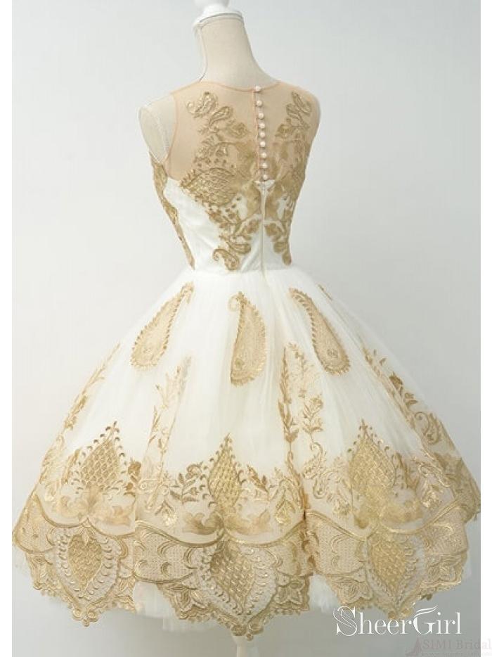 Gold Lace Homecoming Dresses Knee Length Vintage Short Prom Dresses ARD1370-SheerGirl