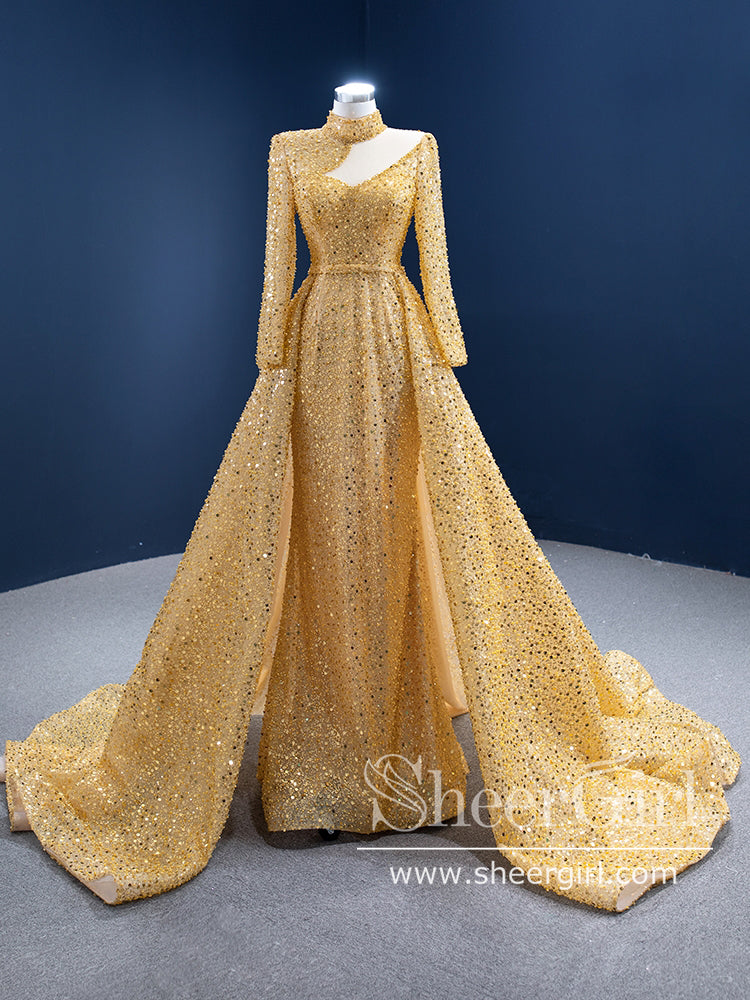 Gold Long Sleeves Sequins Sheath Prom Dresses Sparkly High Neck Formal  Dress with Detachable Train ARD2849