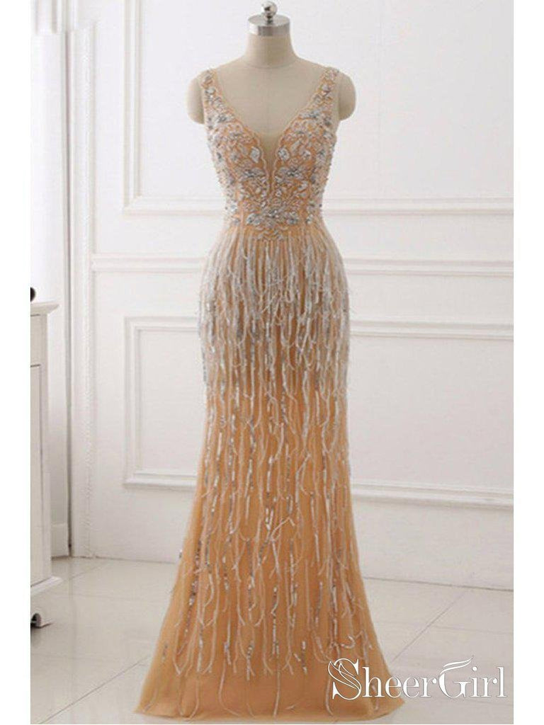 Gold Mermaid Beaded Prom Dresses Long Appliqed 20's Gatsby Themed Party Dresses ARD1026-SheerGirl