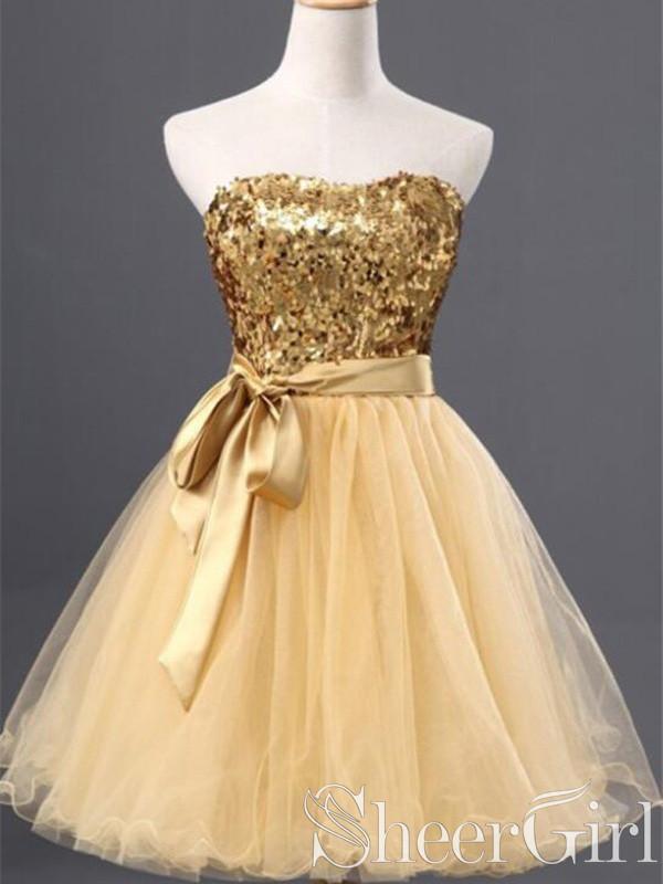 Golden Strapless Mini Homecoming Dresses Sequin Sweet 16 Dress With Belt ARD2444 Golden Strapless Mini Homecoming Dresses Sequin Sweet 16 Dress With Belt ARD2444