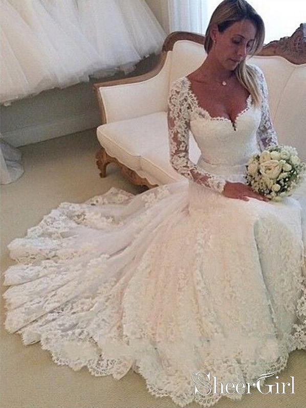 Gorgeous Ivory Lace Long Sleeves Bridal Dresses Sexy Neck Tight Waist Wedding Dresses AWD1620 Gorgeous Ivory Lace Long Sleeves Bridal Dresses Sexy Neck Tight Waist Wedding Dresses AWD1620