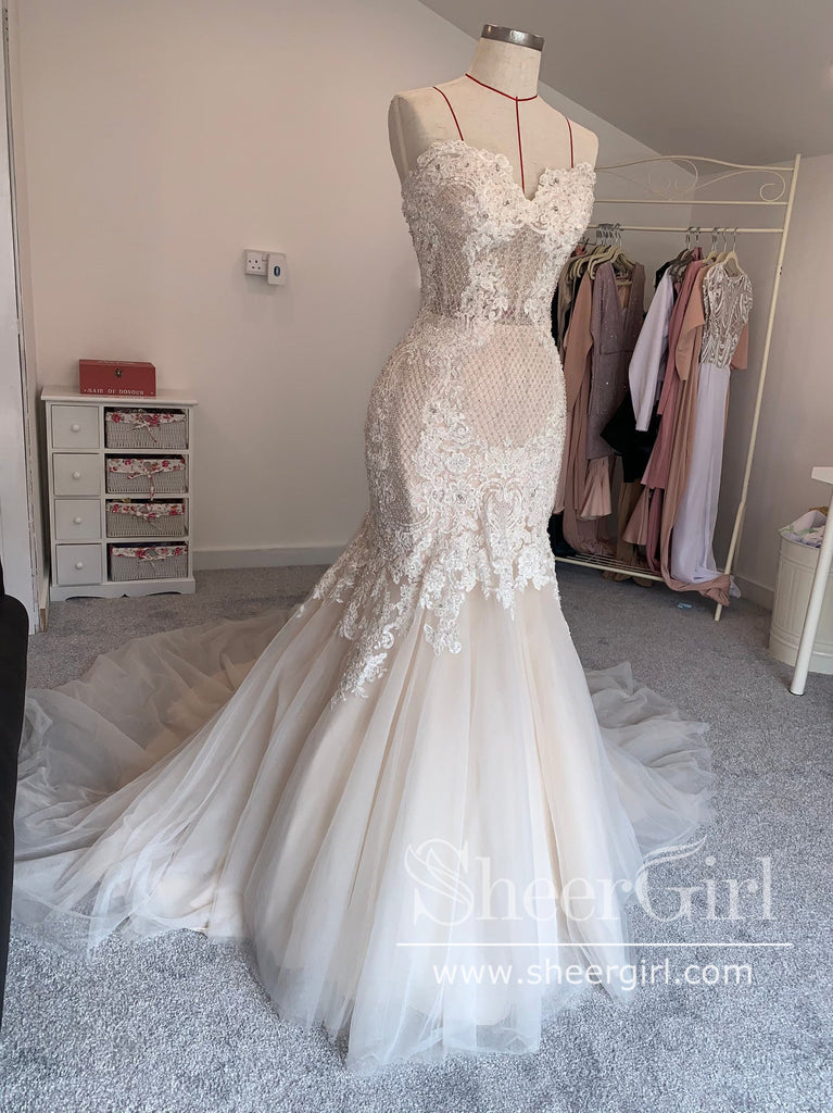 Gorgeous Luxury Beaded Mermaid Wedding Gown Vintage Lace Wedding Dress AWD1879-SheerGirl