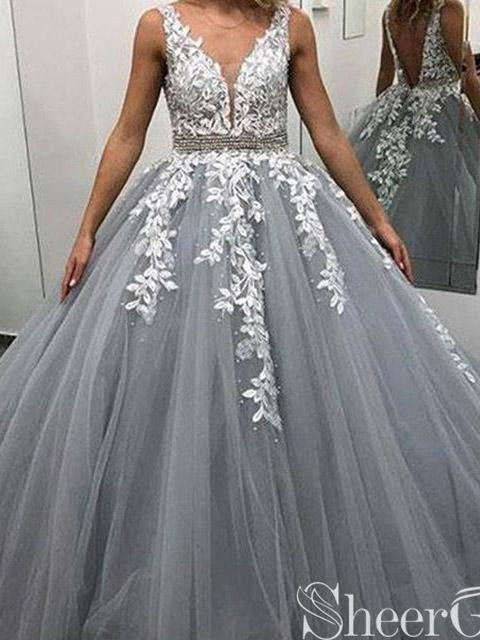 Gray Lace Applique Prom Dress Beaded V-neck Formal Dresses ARD2405-SheerGirl