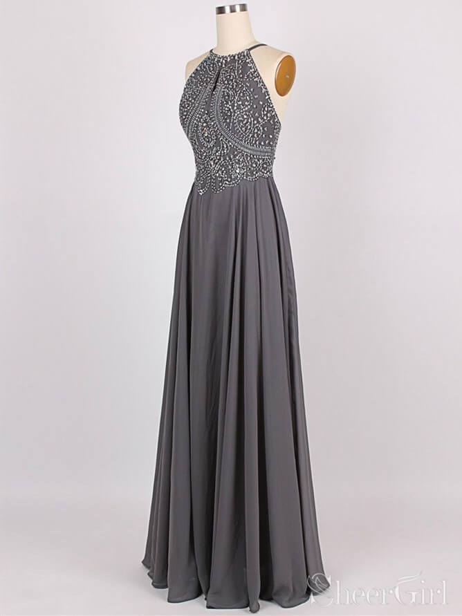 Grey Beaded Long Prom Dresses Floor Length Formal Dresses ARD2309-SheerGirl