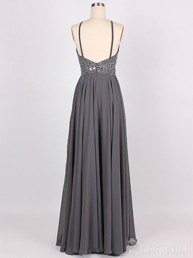 Grey Beaded Long Prom Dresses Floor Length Formal Dresses ARD2309-SheerGirl