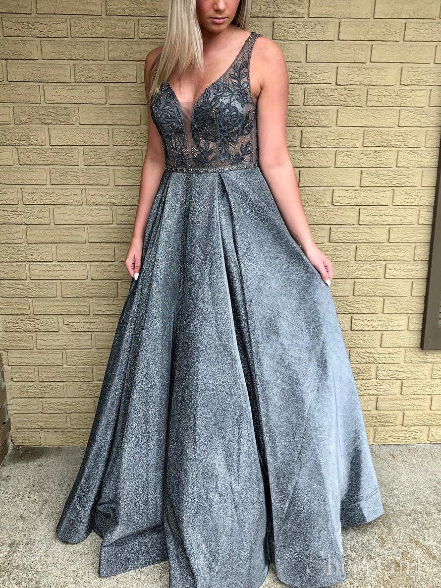 Grey Floor Length Beaded Prom Dresses With Lace Appliques ARD2179 Grey Floor Length Beaded Prom Dresses With Lace Appliques ARD2179