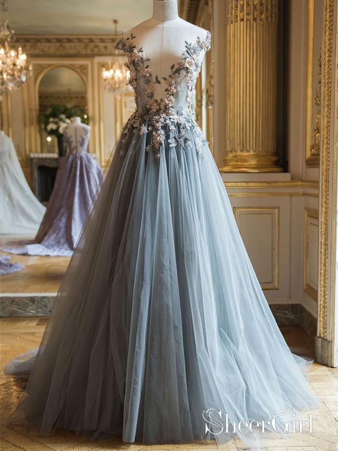 Grey Flower Applique Vintage Prom Dresses Cheap Tulle Quinceanera