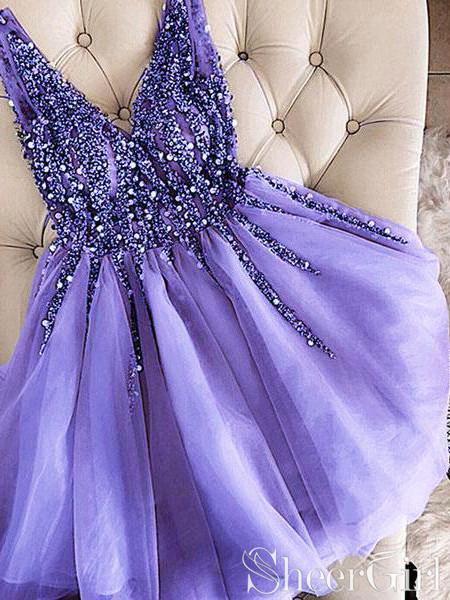 Grey Rhinestone Beaded Homecoming Dresses V Neck Tulle Short Prom