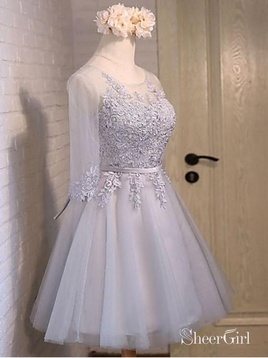 Half Sleeve Short Homecoming Dresses Grey Lace Applique Cheap Homecoming Dresses ARD1209-SheerGirl
