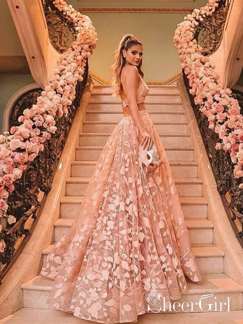 Halter Backless Pink Lace Prom Dresses Two Piece Floral Formal Dress ARD2019 Halter Backless Pink Lace Prom Dresses Two Piece Floral Formal Dress ARD2019