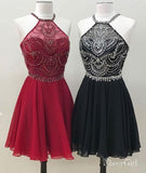 Halter Beaded Short Burgundy Homecoming Dresses Backless Black Hoco Dress ARD1372-SheerGirl