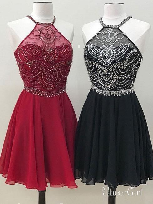 Halter Beaded Short Burgundy Homecoming Dresses Backless Black Hoco Dress ARD1372-SheerGirl
