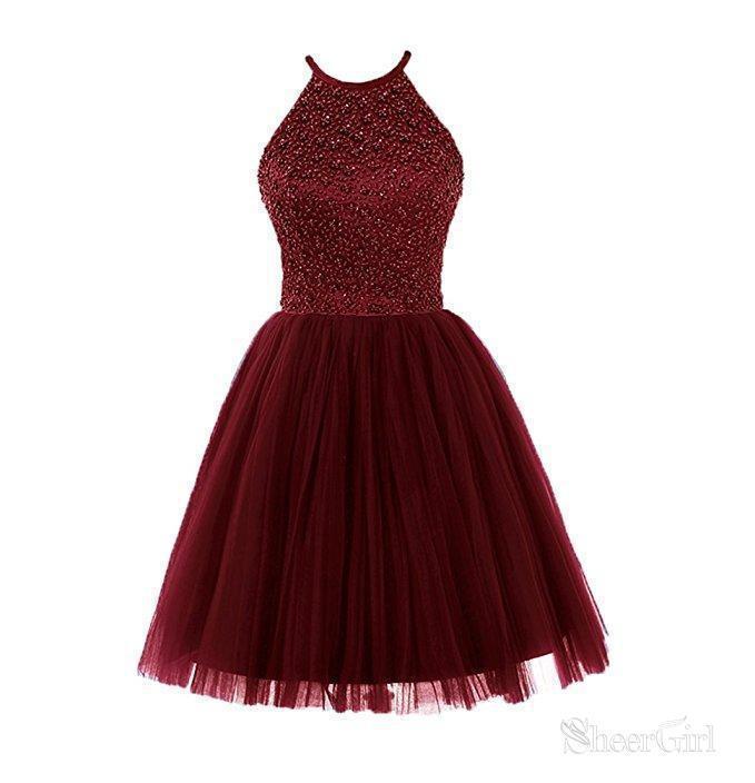 Halter High Neck Purple Homecoming Dresses with Beaded Bodice Tulle Skirt,apd1557-SheerGirl