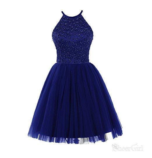 Halter High Neck Purple Homecoming Dresses with Beaded Bodice Tulle Skirt,apd1557-SheerGirl