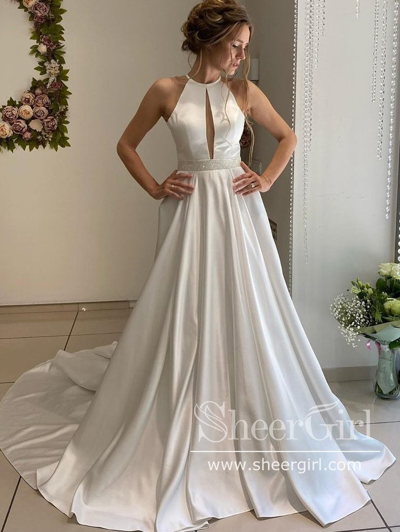 Halter Neck A Line Sweep Train Simple Satin Wedding Dress AWD1805 Halter Neck A Line Sweep Train Simple Satin Wedding Dress AWD1805