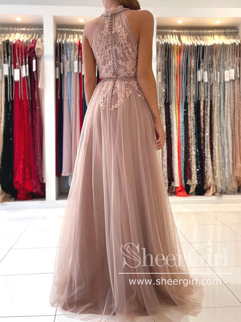 Halter Neck Appliqued Formal Evening Gowns Soft Tulle Long Prom Dresses ARD2861-SheerGirl