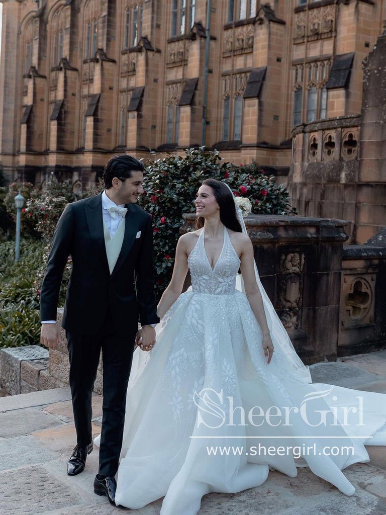 Halter Neck Beaded Luxury Wedding Dress Organza Ball Gown Wedding Gown AWD1939-SheerGirl