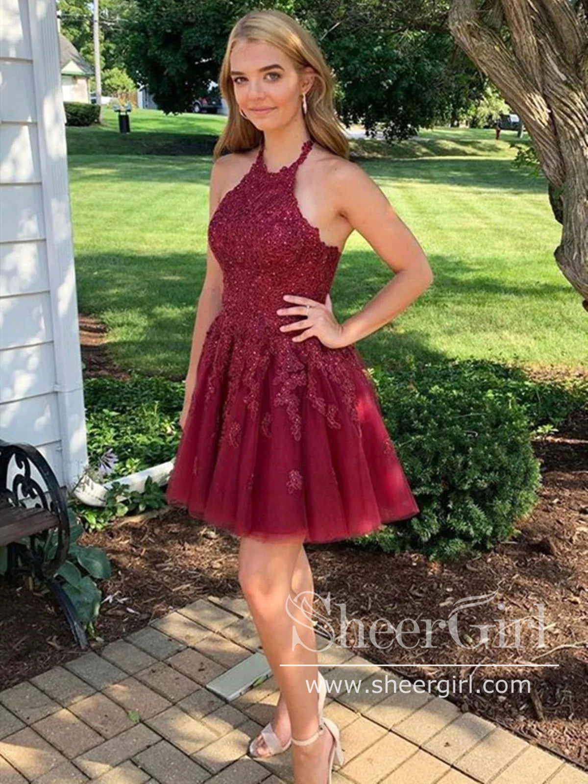 Halter Neck Corded Lace Short Prom Dress Backless Homecoming Dress ARD2785 Halter Neck Corded Lace Short Prom Dress Backless Homecoming Dress ARD2785