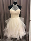 Halter Neck Key Hole Back Beaded Short Prom Dress Tiered Tulle Homecoming Dress ARD2671