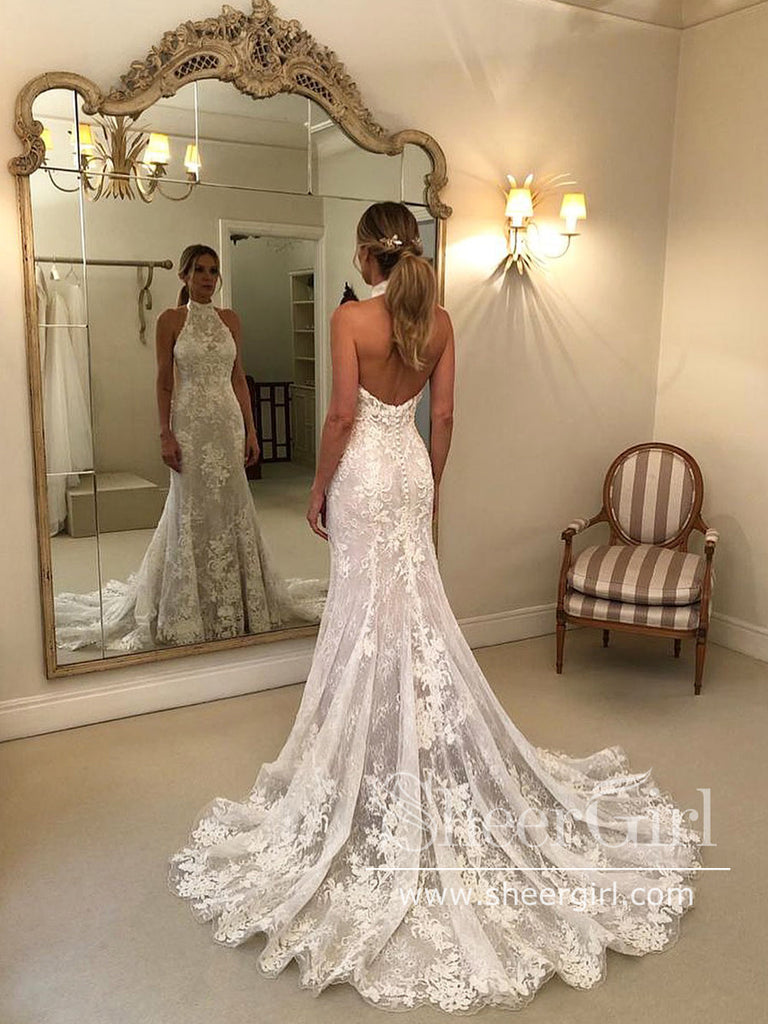 Halter Neck Mermaid Wedding Dress Backless Lace Wedding Gown with Sweet Train AWD1837-SheerGirl