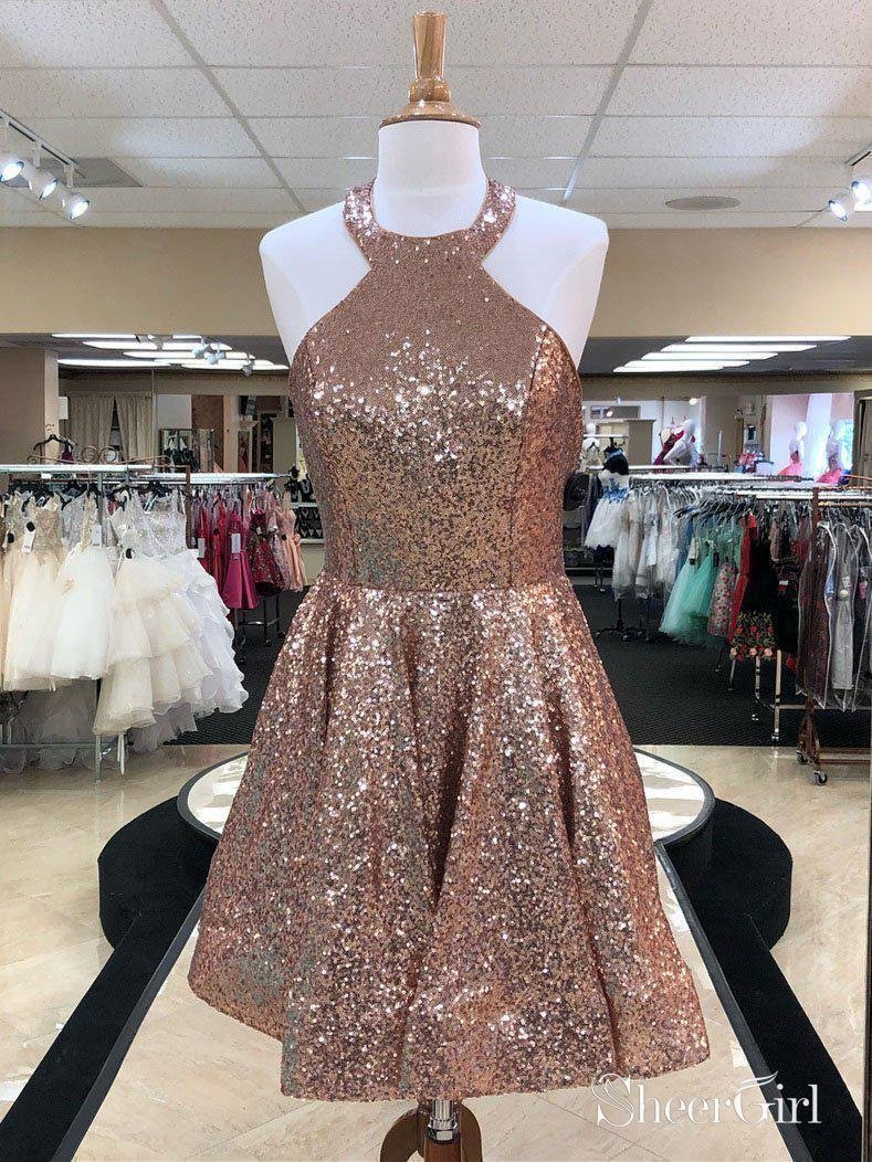 Halter Neck Open Back Shiny Rose Gold Sequin Homecoming Dresses ARD1701 Halter Neck Open Back Shiny Rose Gold Sequin Homecoming Dresses ARD1701