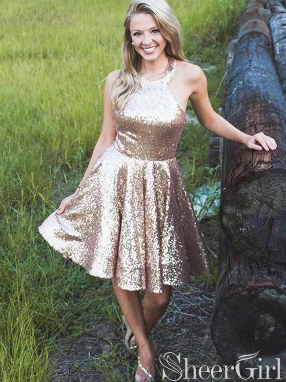 Halter Neck Open Back Shiny Rose Gold Sequin Homecoming Dresses ARD1701 Halter Neck Open Back Shiny Rose Gold Sequin Homecoming Dresses ARD1701
